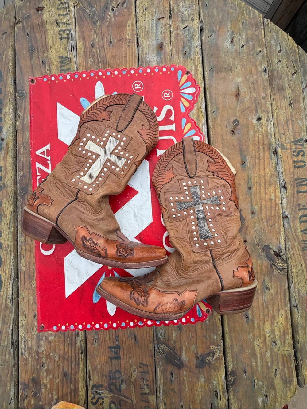 Studded Cross Embellished Brown Western Heeled Boots